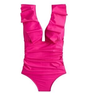 NWT J. Crew‎ Women 4 Ruched Ruffle One-Piece Swimsuit Radiant Fuchsia Pink